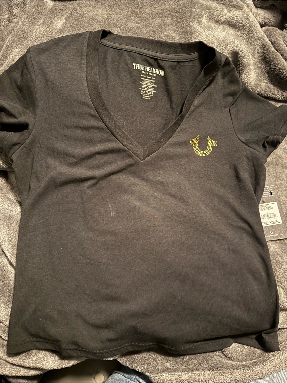 True Religion Black V-Neck Tee with Gold Horseshoe Accent